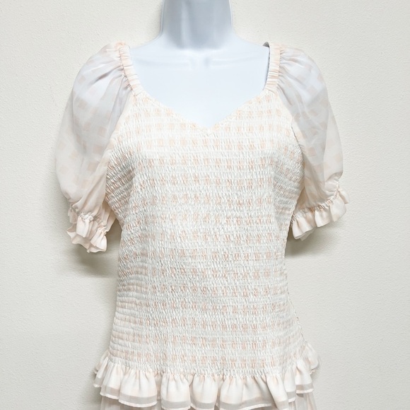 Rachel Parcell Pink Gingham Chiffon Sheer Puff Sleeve Top and Tiered Skirt Set - Picture 3 of 8